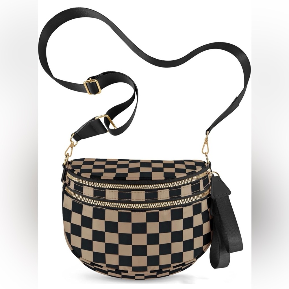 🖤🤎Black Tan Rose Gold Checkerboard Bum Bag Crossbody Sling Bag, Wide Strap, NWOT - Picture 3 of 10